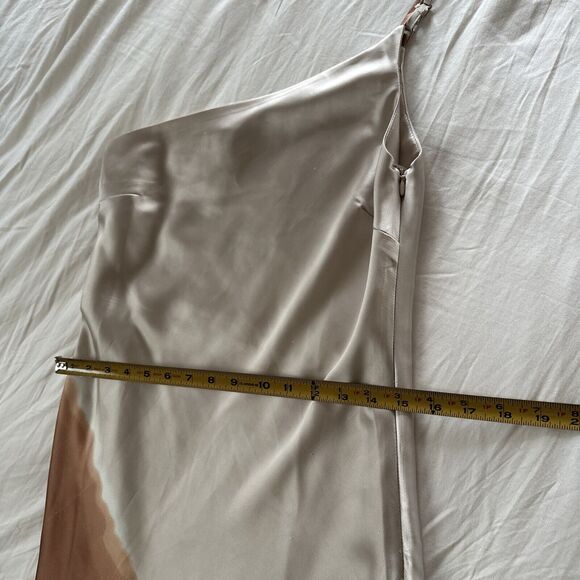 One Shoulder Satin Midi Dress Women's M Beige Brown Side Zip - Picture 9 of 10